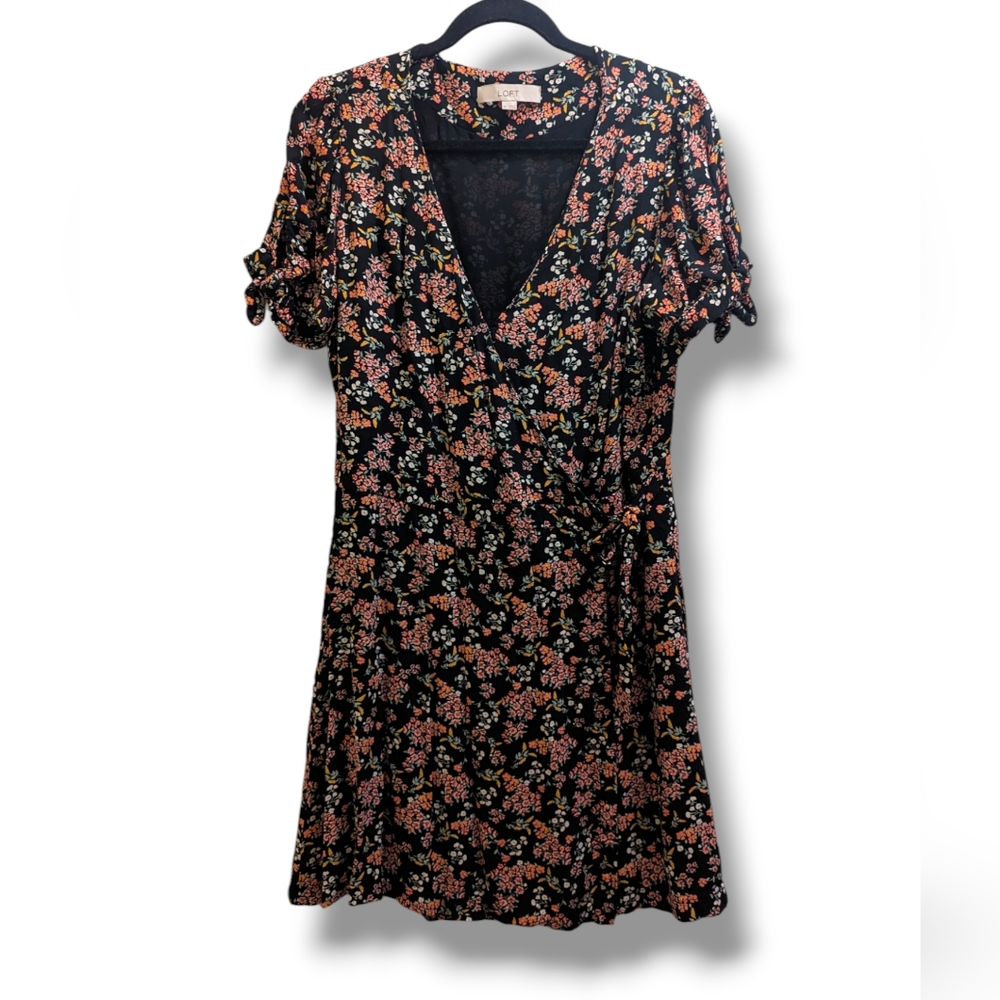 LOFT Black Floral Wrap Romper with Pink & Cream Flowers V-neck Tie Waist- 14 - Picture 4 of 16